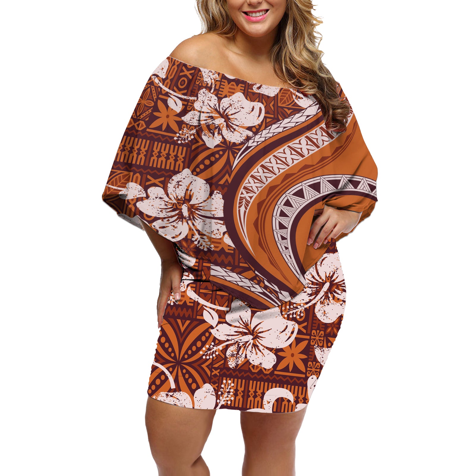 Hawaiian Hibiscus Tribal Vintage Motif Off Shoulder Short Dress Ver 5