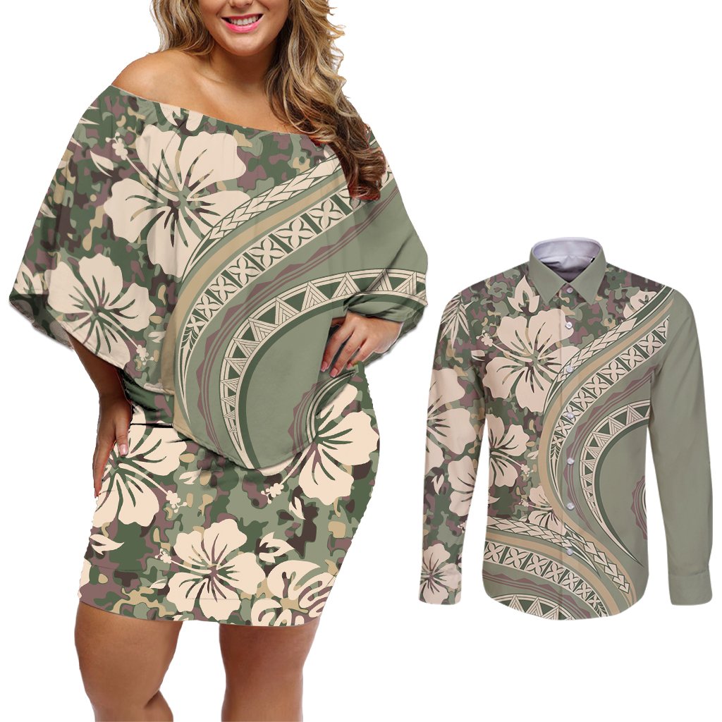 Hawaiian Hibiscus Tribal Vintage Motif Couples Matching Off Shoulder Short Dress and Long Sleeve Button Shirt Ver 6