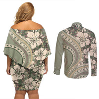 Hawaiian Hibiscus Tribal Vintage Motif Couples Matching Off Shoulder Short Dress and Long Sleeve Button Shirt Ver 6