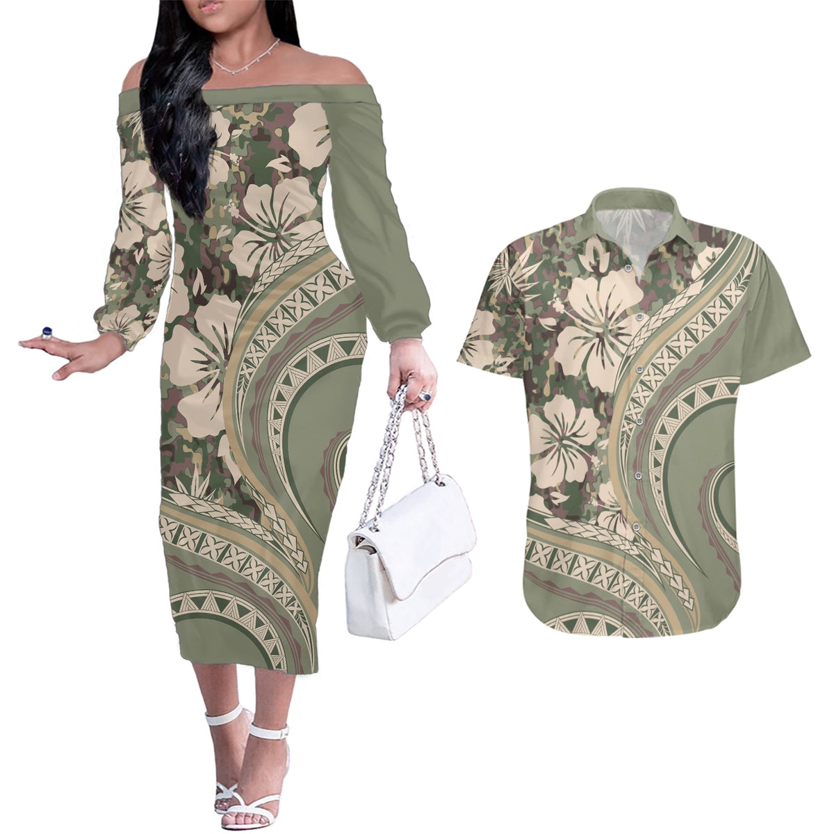 Hawaiian Hibiscus Tribal Vintage Motif Couples Matching Off The Shoulder Long Sleeve Dress and Hawaiian Shirt Ver 6
