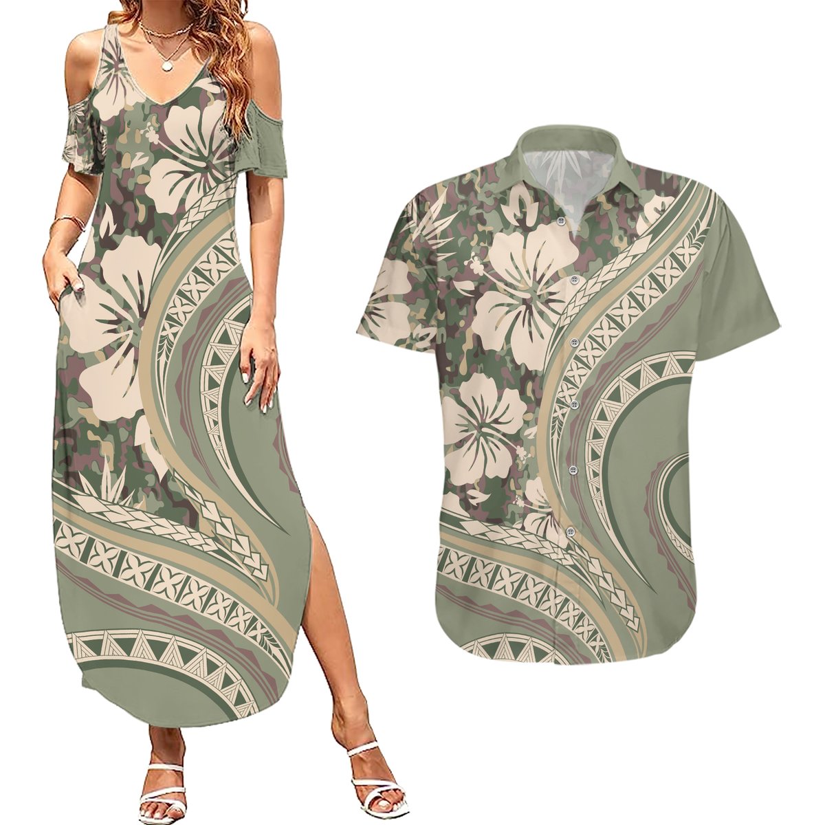 Hawaiian Hibiscus Tribal Vintage Motif Couples Matching Summer Maxi Dress and Hawaiian Shirt Ver 6