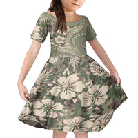 Hawaiian Hibiscus Tribal Vintage Motif Family Matching Long Sleeve Bodycon Dress and Hawaiian Shirt Ver 6 LT9 Daughter's Dress Green Pastel - Polynesian Pride