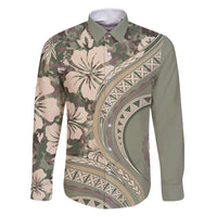 Hawaiian Hibiscus Tribal Vintage Motif Family Matching Long Sleeve Bodycon Dress and Hawaiian Shirt Ver 6 LT9 Dad's Shirt - Long Sleeve Green Pastel - Polynesian Pride