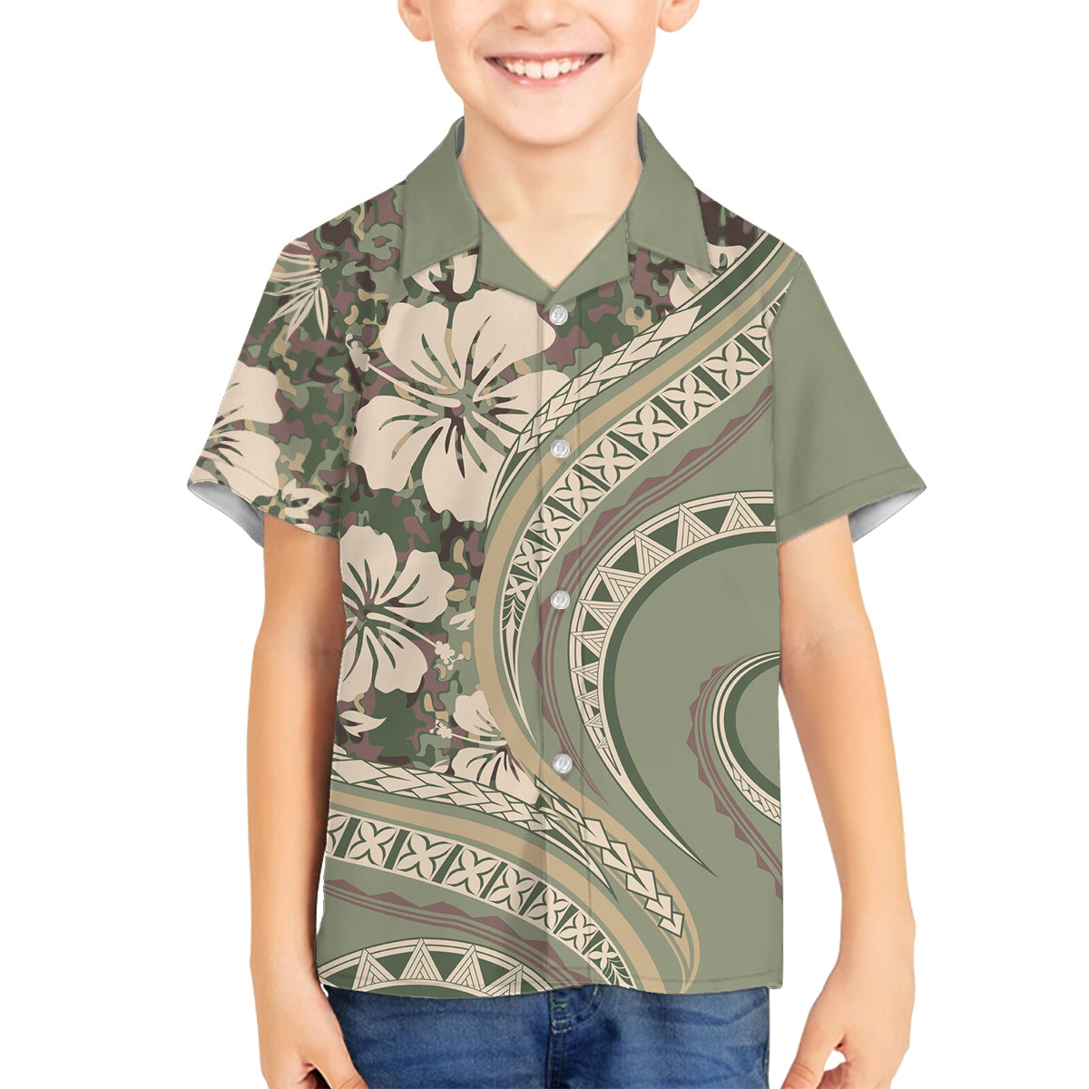 Hawaiian Hibiscus Tribal Vintage Motif Family Matching Long Sleeve Bodycon Dress and Hawaiian Shirt Ver 6 LT9 Son's Shirt Green Pastel - Polynesian Pride