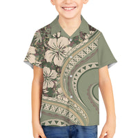 Hawaiian Hibiscus Tribal Vintage Motif Family Matching Long Sleeve Bodycon Dress and Hawaiian Shirt Ver 6 LT9 Son's Shirt Green Pastel - Polynesian Pride
