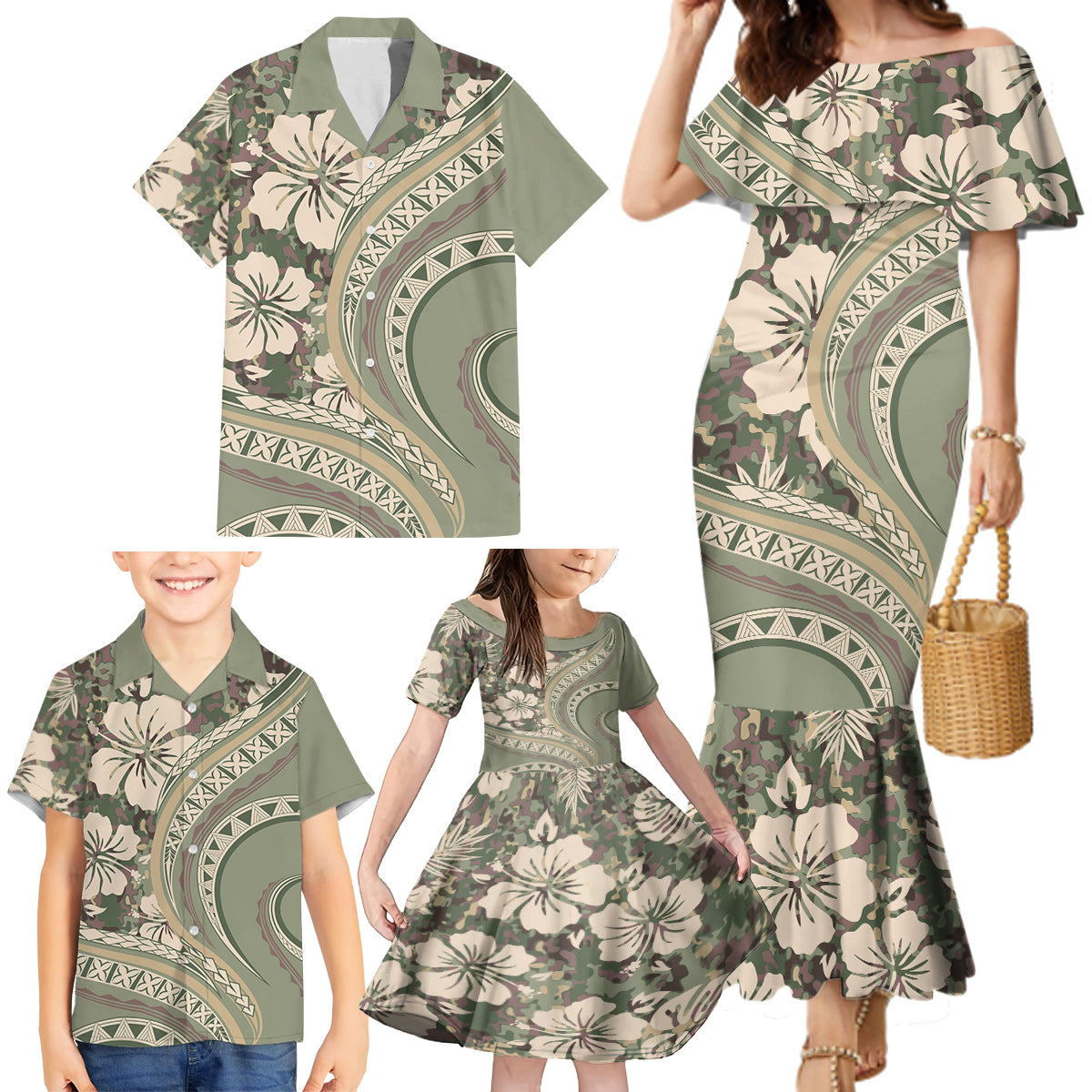 Hawaiian Hibiscus Tribal Vintage Motif Family Matching Mermaid Dress and Hawaiian Shirt Ver 6