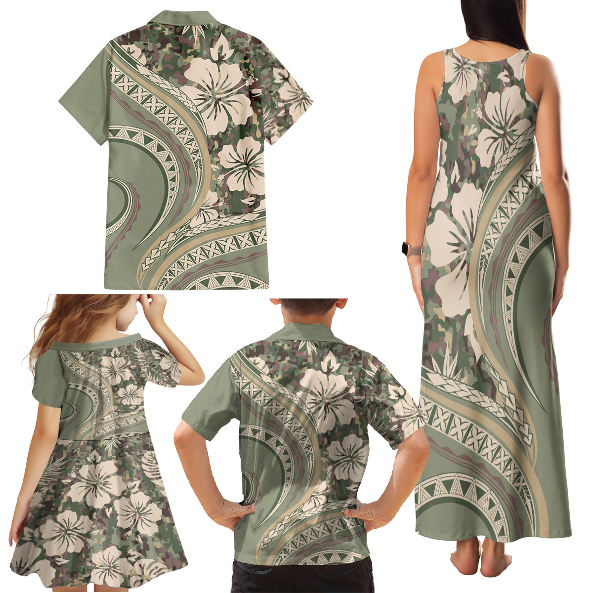 Hawaiian Hibiscus Tribal Vintage Motif Family Matching Tank Maxi Dress and Hawaiian Shirt Ver 6