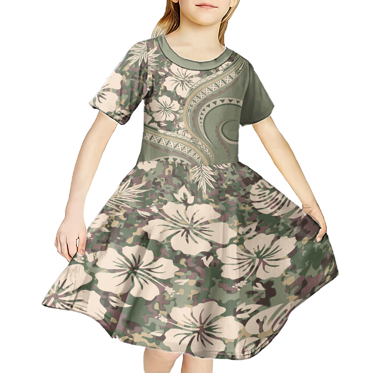 Hawaiian Hibiscus Tribal Vintage Motif Kid Short Sleeve Dress Ver 6