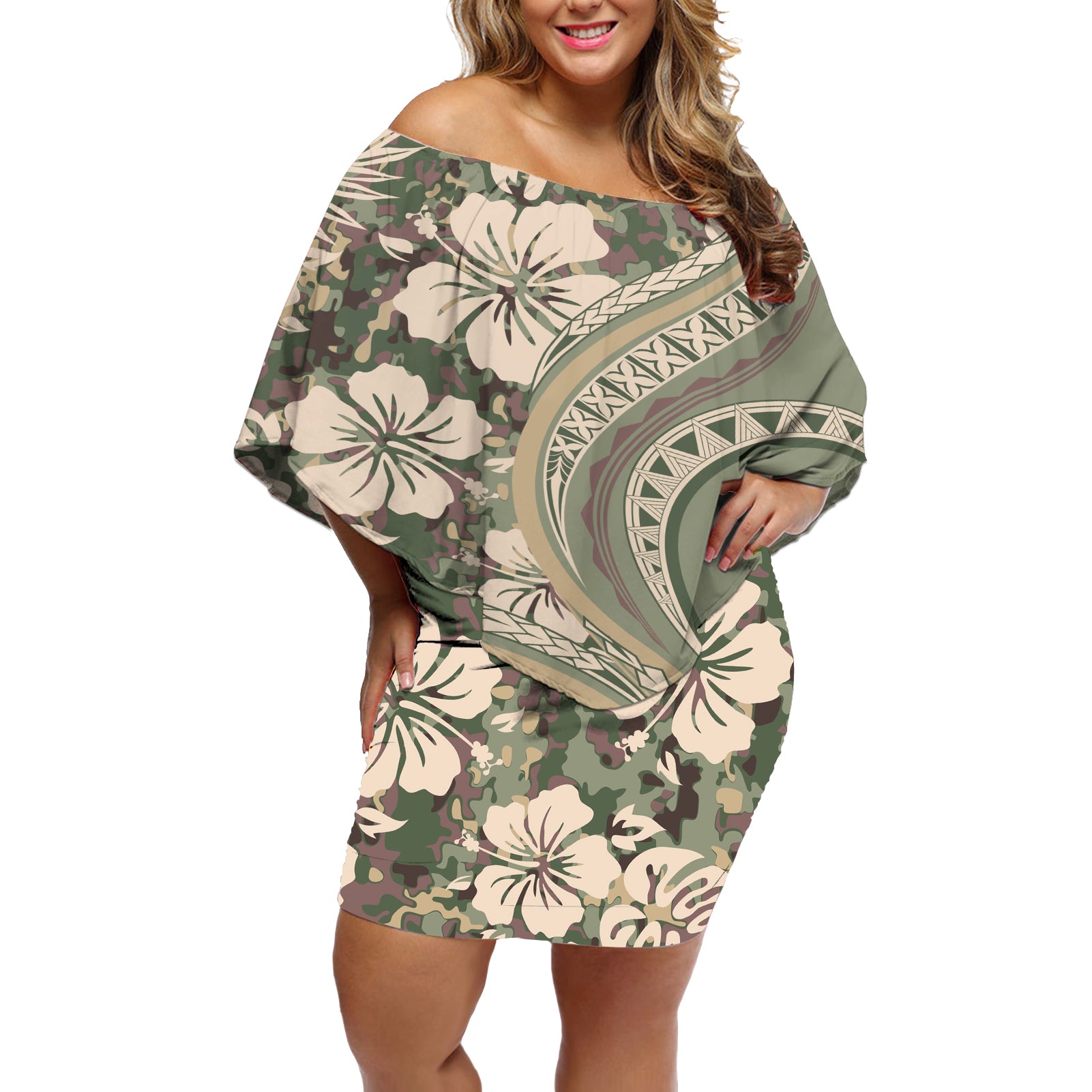 Hawaiian Hibiscus Tribal Vintage Motif Off Shoulder Short Dress Ver 6