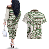 Hawaiian Hibiscus Tribal Vintage Motif Couples Matching Off The Shoulder Long Sleeve Dress and Hawaiian Shirt Ver 7