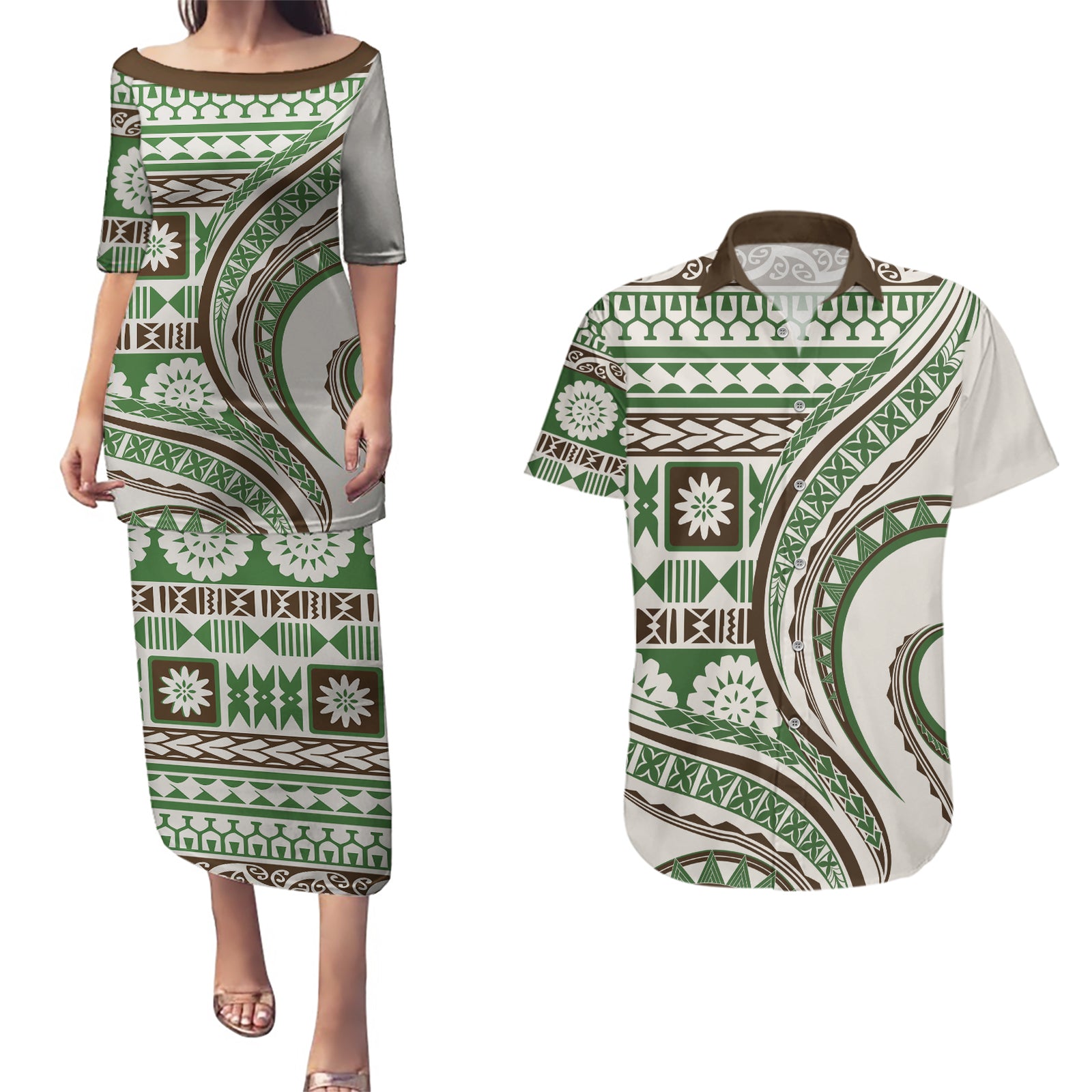 Hawaiian Hibiscus Tribal Vintage Motif Couples Matching Puletasi and Hawaiian Shirt Ver 7
