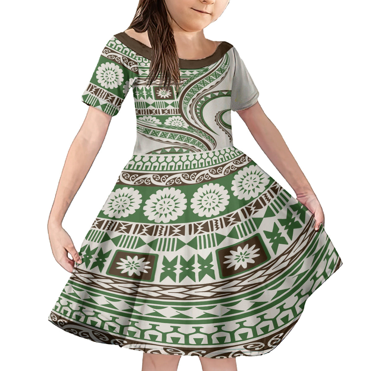 Hawaiian Hibiscus Tribal Vintage Motif Family Matching Long Sleeve Bodycon Dress and Hawaiian Shirt Ver 7 LT9 Daughter's Dress Green - Polynesian Pride