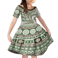 Hawaiian Hibiscus Tribal Vintage Motif Family Matching Long Sleeve Bodycon Dress and Hawaiian Shirt Ver 7 LT9 Daughter's Dress Green - Polynesian Pride