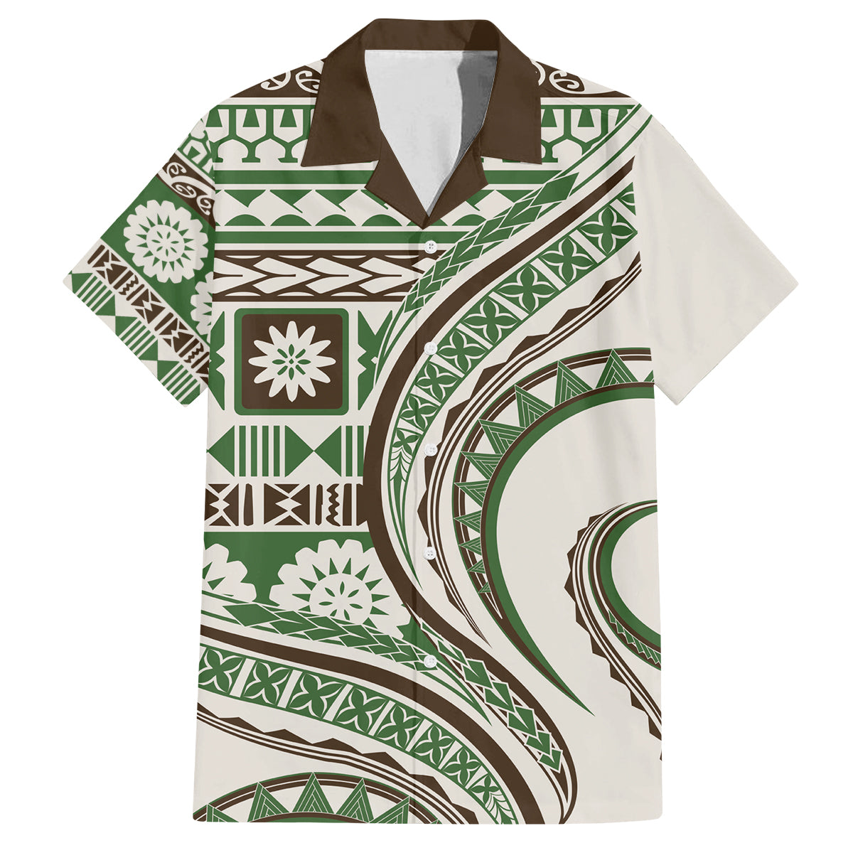 Hawaiian Hibiscus Tribal Vintage Motif Family Matching Long Sleeve Bodycon Dress and Hawaiian Shirt Ver 7 LT9 Dad's Shirt - Short Sleeve Green - Polynesian Pride