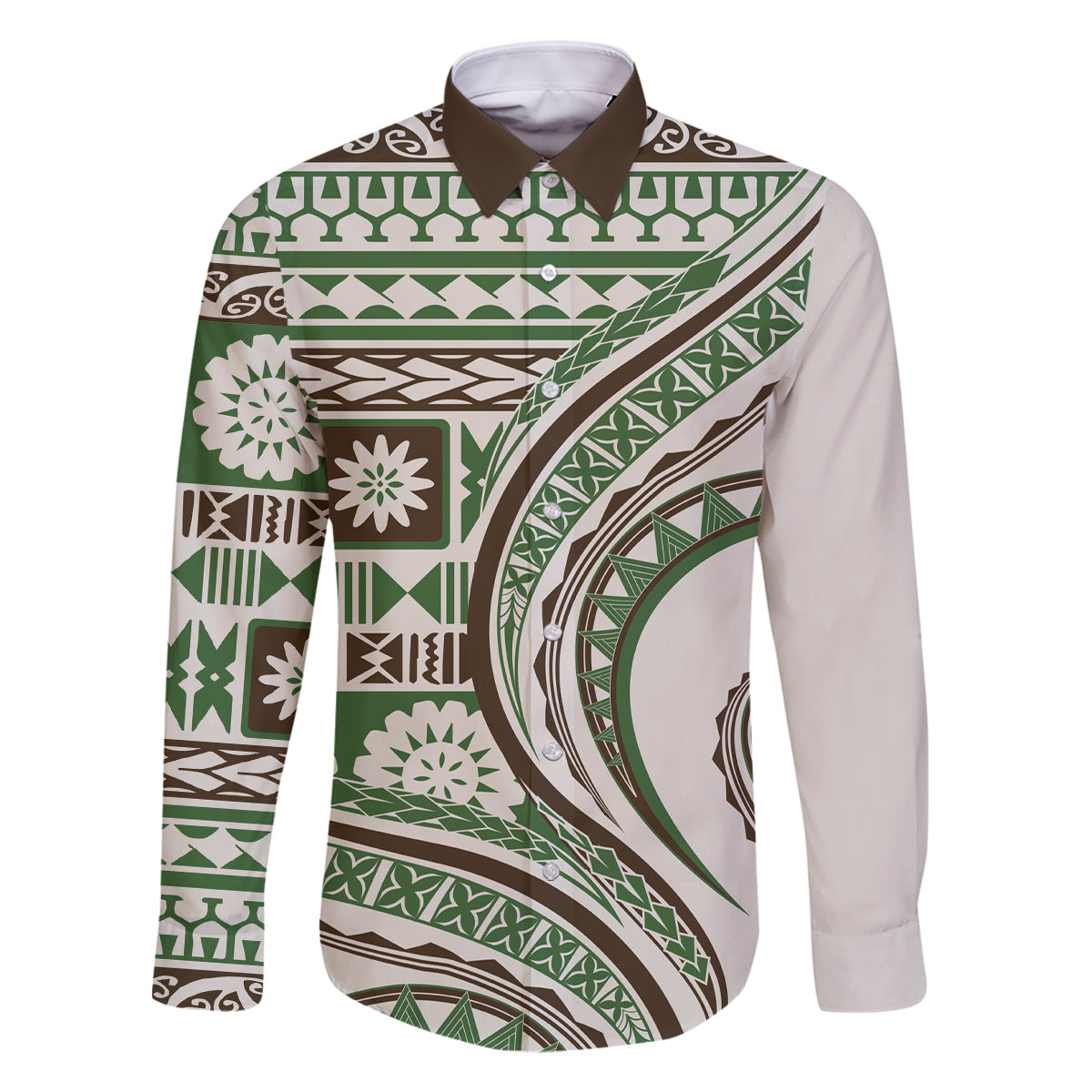 Hawaiian Hibiscus Tribal Vintage Motif Family Matching Long Sleeve Bodycon Dress and Hawaiian Shirt Ver 7 LT9 Dad's Shirt - Long Sleeve Green - Polynesian Pride