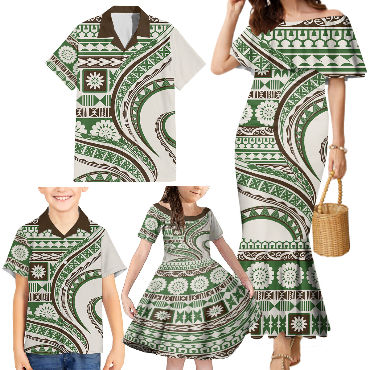 Hawaiian Hibiscus Tribal Vintage Motif Family Matching Mermaid Dress and Hawaiian Shirt Ver 7