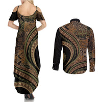 Hawaiian Hibiscus Tribal Vintage Motif Couples Matching Summer Maxi Dress and Long Sleeve Button Shirt Ver 8 LT9 - Polynesian Pride