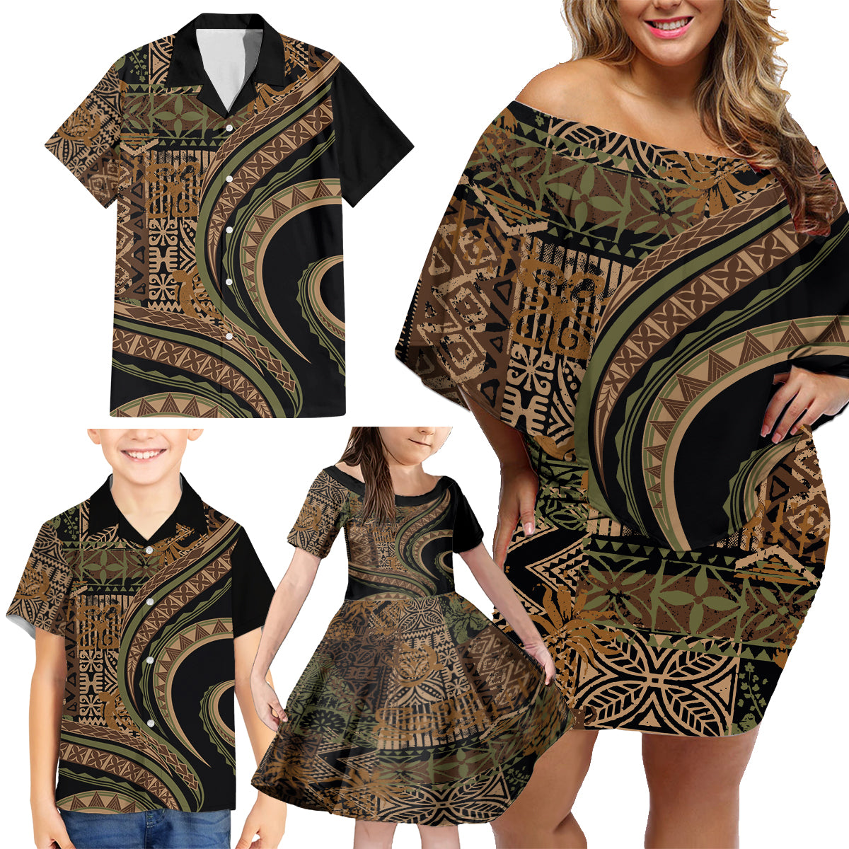 Hawaiian Hibiscus Tribal Vintage Motif Family Matching Off Shoulder Short Dress and Hawaiian Shirt Ver 8