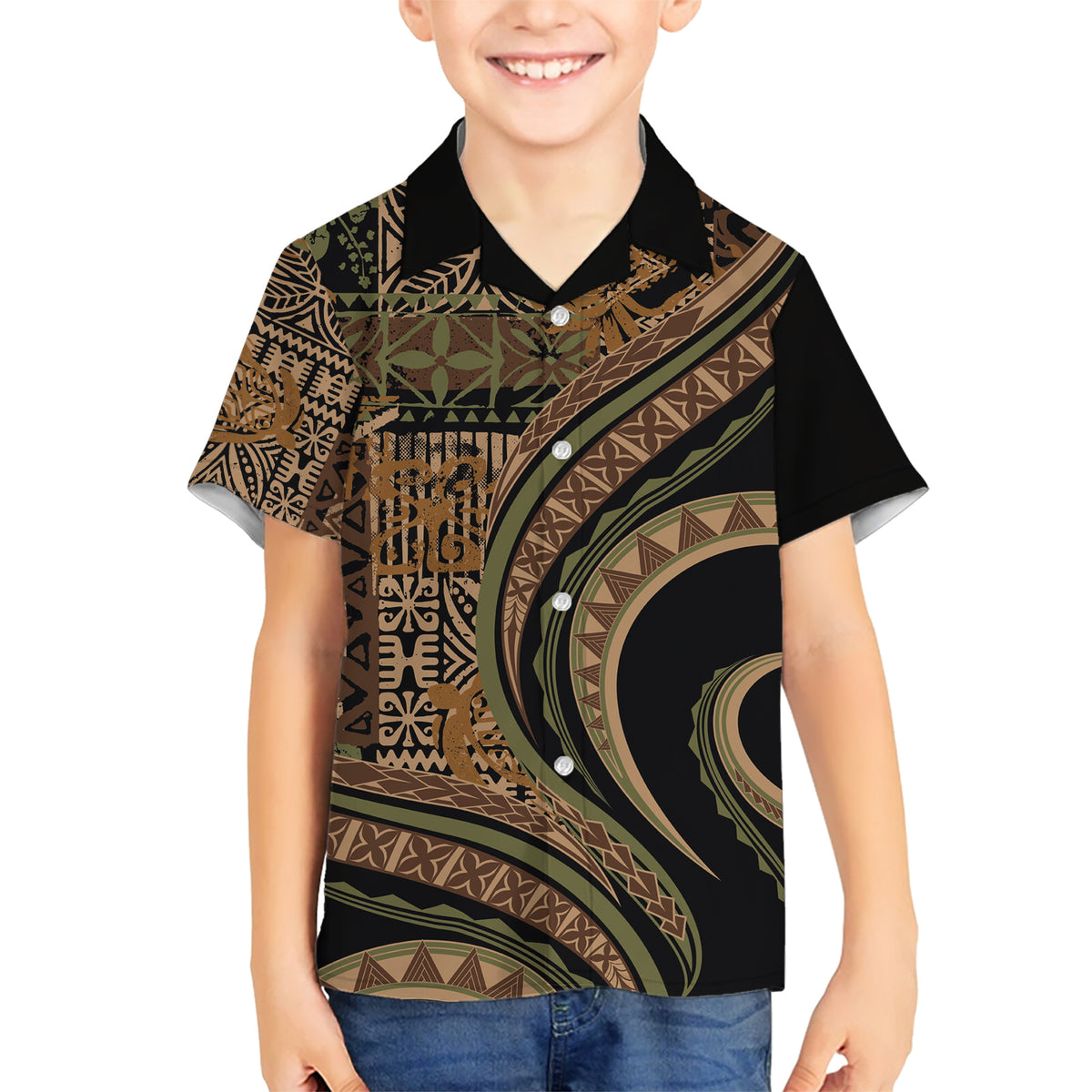 Hawaiian Hibiscus Tribal Vintage Motif Family Matching Short Sleeve Bodycon Dress and Hawaiian Shirt Ver 8