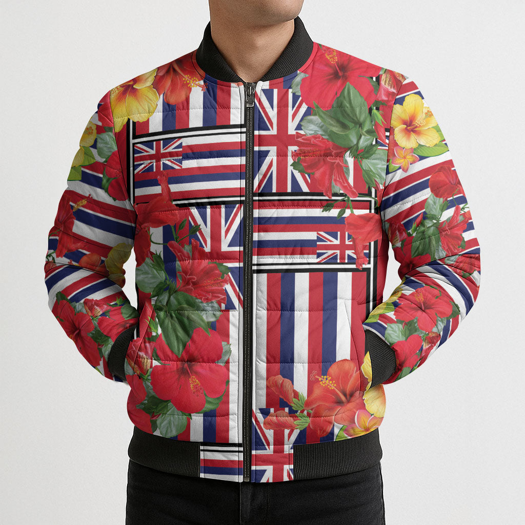 Hawaii Hibiscus Lei Bomber Puffer Jacket Hawaiian Flag Motif