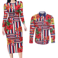 Hawaii Hibiscus Lei Couples Matching Long Sleeve Bodycon Dress and Long Sleeve Button Shirt Hawaiian Flag Motif