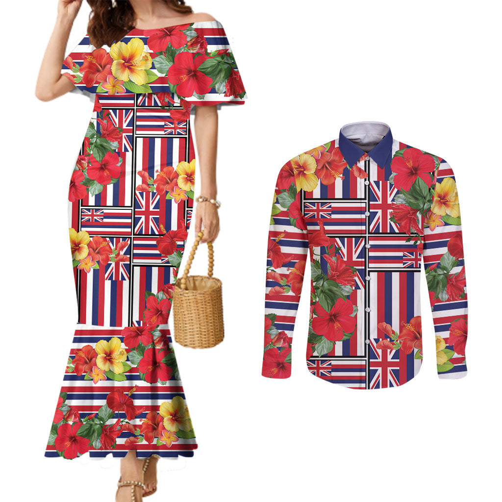 Hawaii Hibiscus Lei Couples Matching Mermaid Dress and Long Sleeve Button Shirt Hawaiian Flag Motif