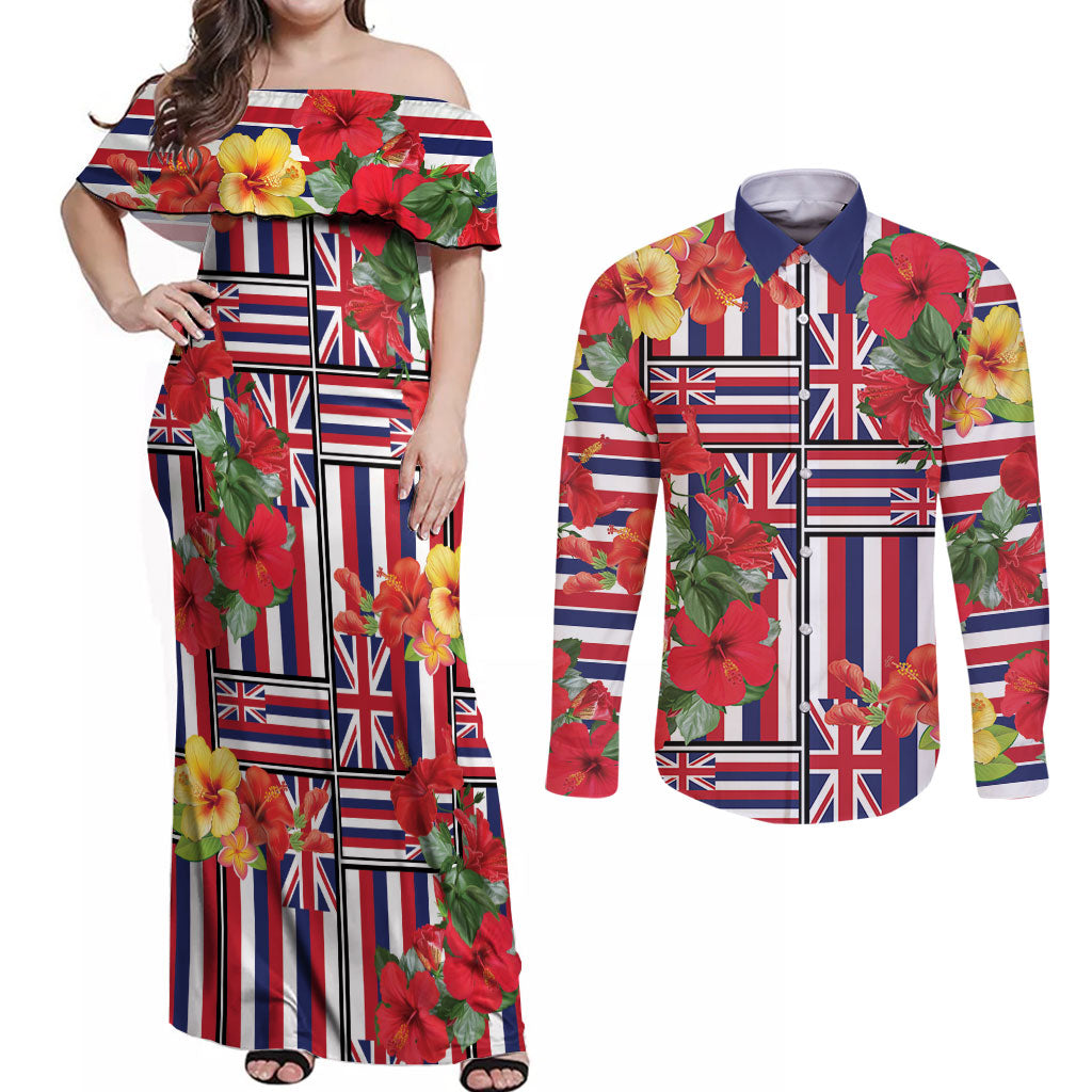 Hawaii Hibiscus Lei Couples Matching Off Shoulder Maxi Dress and Long Sleeve Button Shirt Hawaiian Flag Motif