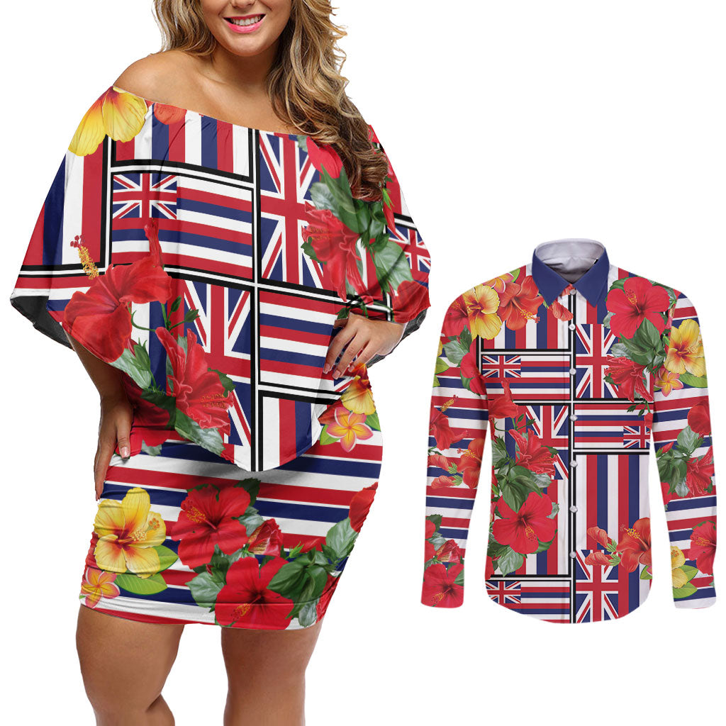 Hawaii Hibiscus Lei Couples Matching Off Shoulder Short Dress and Long Sleeve Button Shirt Hawaiian Flag Motif
