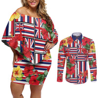 Hawaii Hibiscus Lei Couples Matching Off Shoulder Short Dress and Long Sleeve Button Shirt Hawaiian Flag Motif