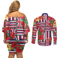 Hawaii Hibiscus Lei Couples Matching Off Shoulder Short Dress and Long Sleeve Button Shirt Hawaiian Flag Motif