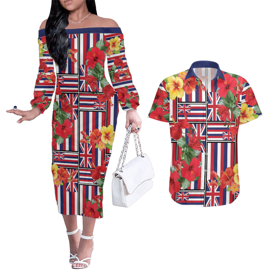 Hawaii Hibiscus Lei Couples Matching Off The Shoulder Long Sleeve Dress and Hawaiian Shirt Hawaiian Flag Motif