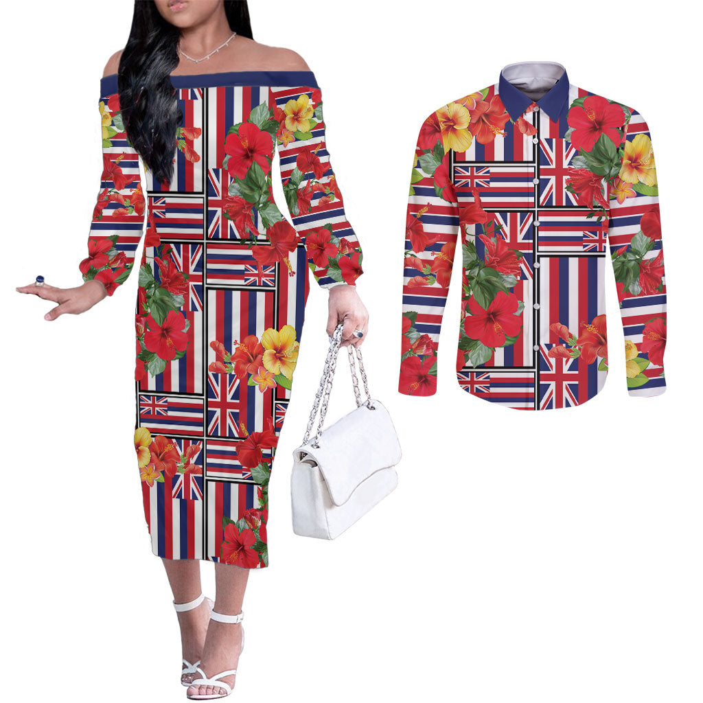 Hawaii Hibiscus Lei Couples Matching Off The Shoulder Long Sleeve Dress and Long Sleeve Button Shirt Hawaiian Flag Motif