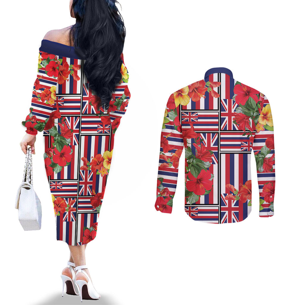 Hawaii Hibiscus Lei Couples Matching Off The Shoulder Long Sleeve Dress and Long Sleeve Button Shirt Hawaiian Flag Motif