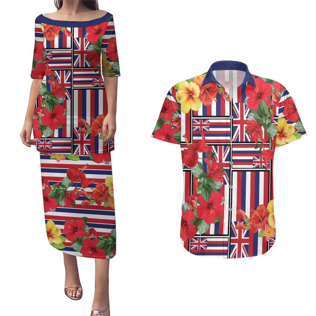 Hawaii Hibiscus Lei Couples Matching Puletasi and Hawaiian Shirt Hawaiian Flag Motif