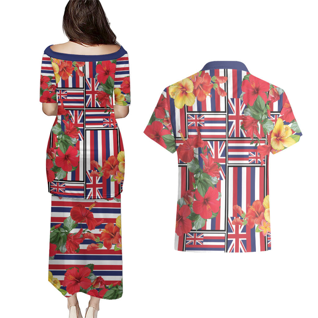 Hawaii Hibiscus Lei Couples Matching Puletasi and Hawaiian Shirt Hawaiian Flag Motif