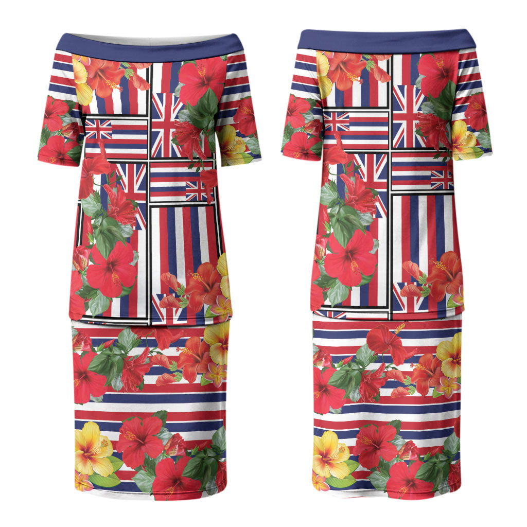 Hawaii Hibiscus Lei Couples Matching Puletasi and Long Sleeve Button Shirt Hawaiian Flag Motif LT9 - Polynesian Pride