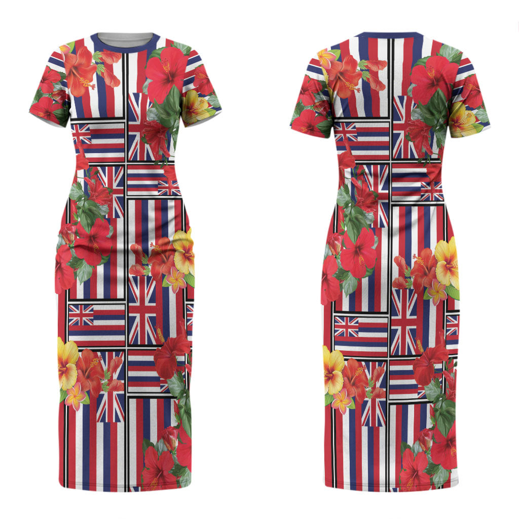 Hawaii Hibiscus Lei Couples Matching Short Sleeve Bodycon Dress and Hawaiian Shirt Hawaiian Flag Motif LT9 - Polynesian Pride