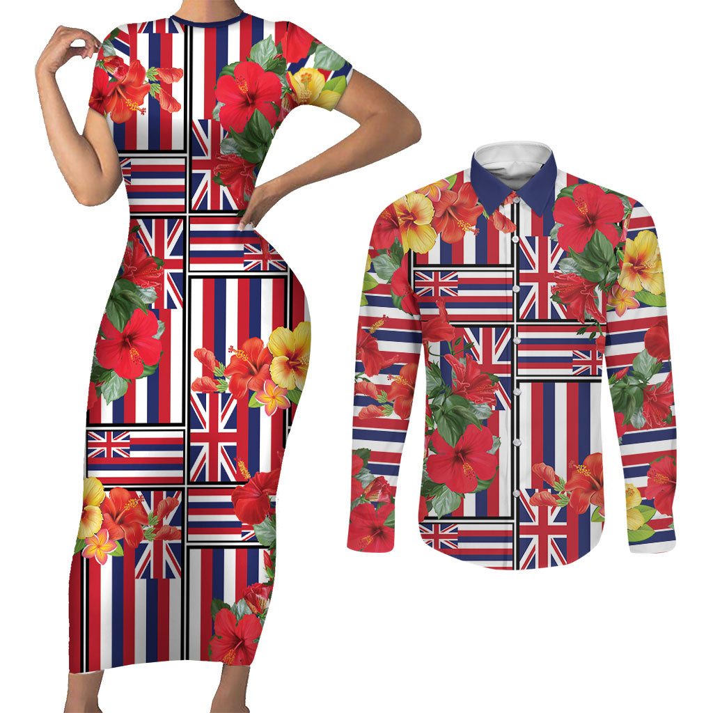 Hawaii Hibiscus Lei Couples Matching Short Sleeve Bodycon Dress and Long Sleeve Button Shirt Hawaiian Flag Motif