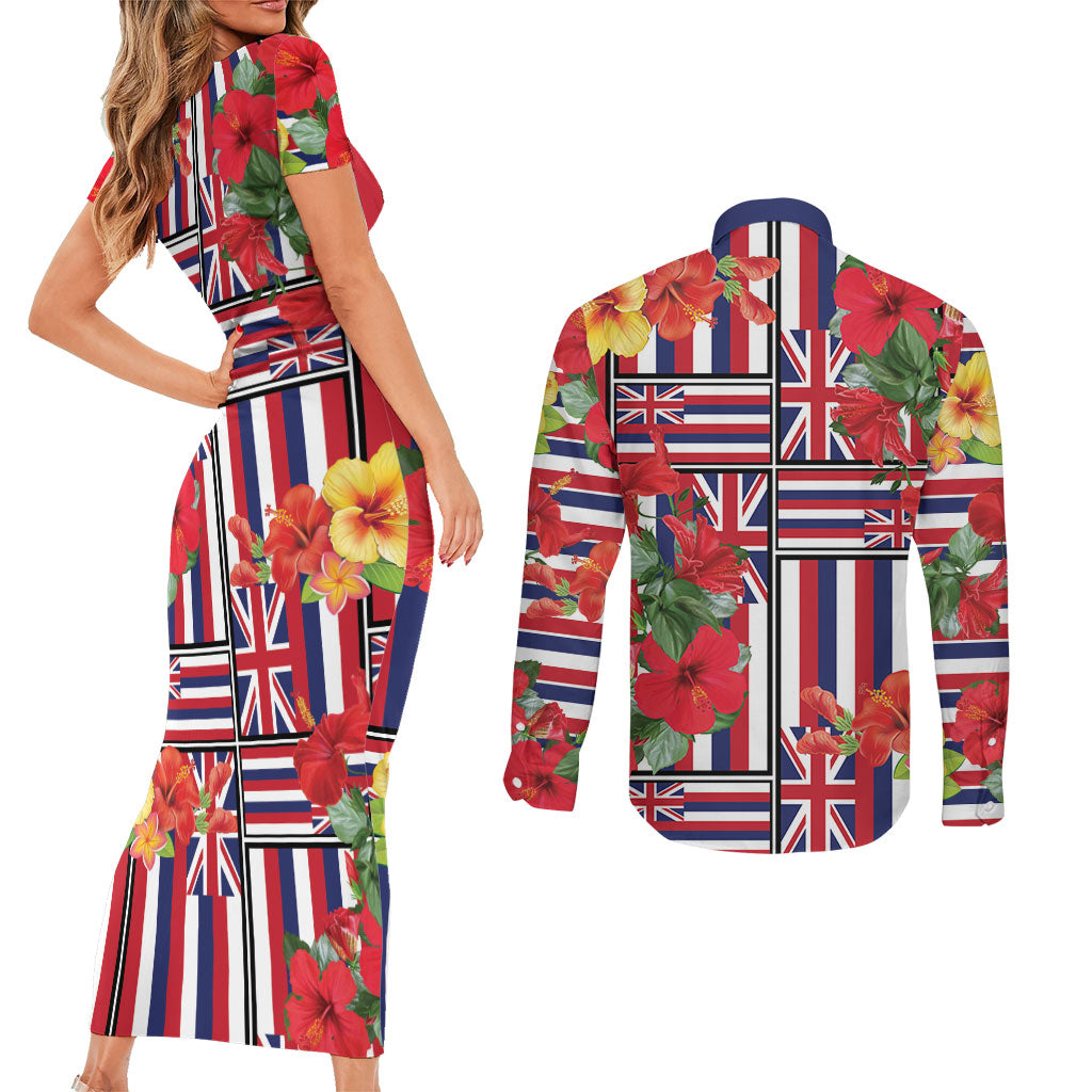 Hawaii Hibiscus Lei Couples Matching Short Sleeve Bodycon Dress and Long Sleeve Button Shirt Hawaiian Flag Motif