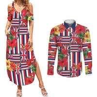Hawaii Hibiscus Lei Couples Matching Summer Maxi Dress and Long Sleeve Button Shirt Hawaiian Flag Motif