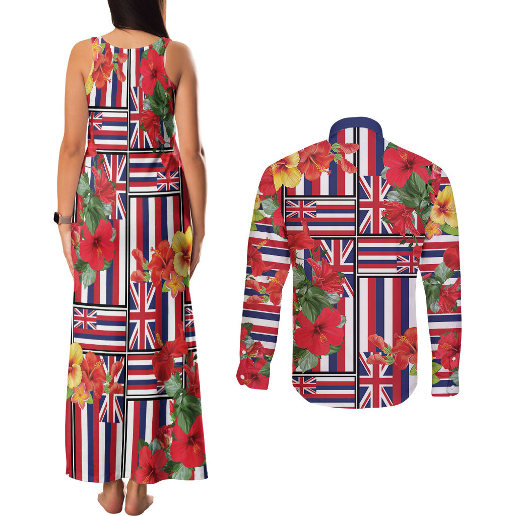 Hawaii Hibiscus Lei Couples Matching Tank Maxi Dress and Long Sleeve Button Shirt Hawaiian Flag Motif