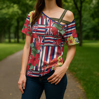 Hawaii Hibiscus Lei Cross Shoulder Shirt Hawaiian Flag Motif