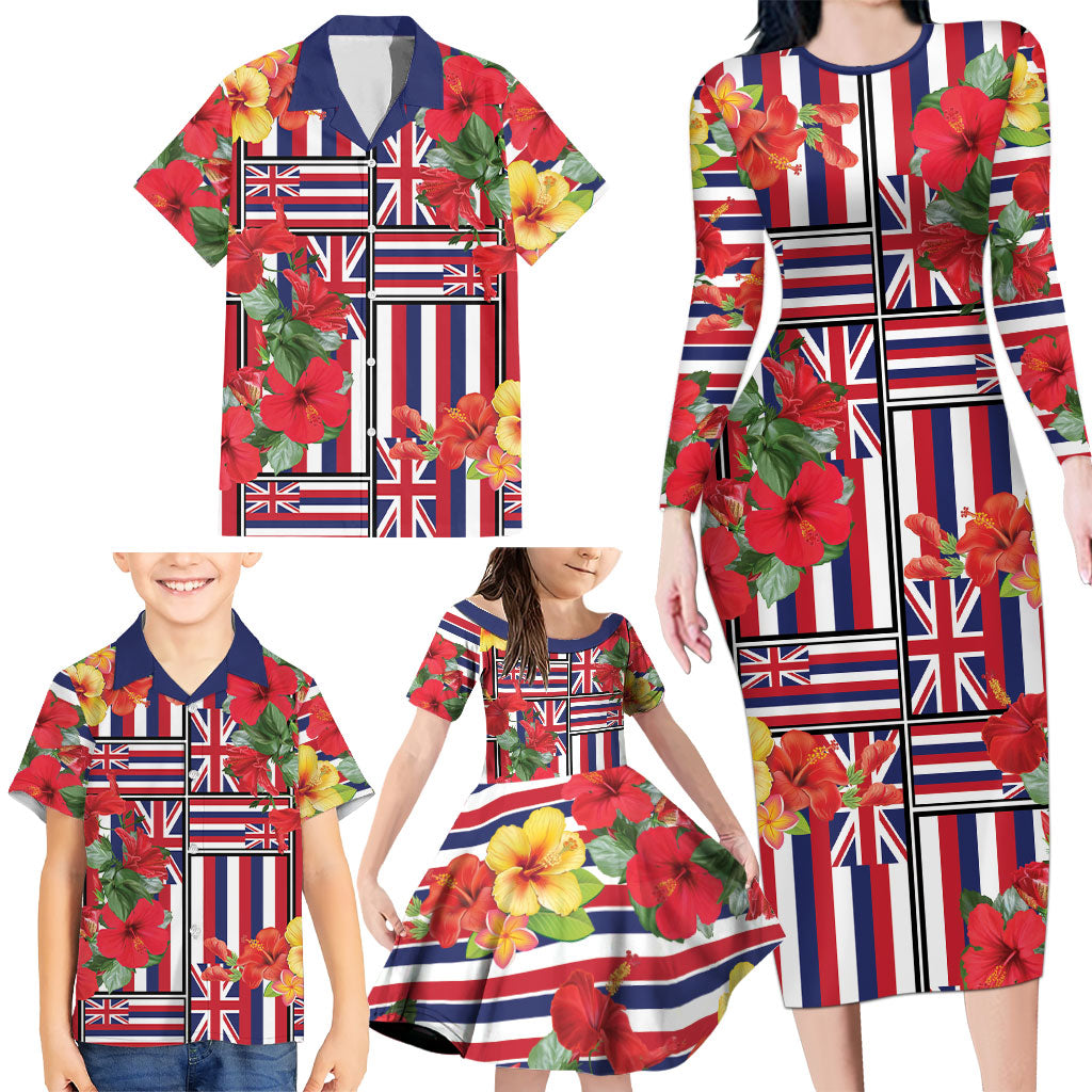 Hawaii Hibiscus Lei Family Matching Long Sleeve Bodycon Dress and Hawaiian Shirt Hawaiian Flag Motif