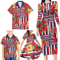 Hawaii Hibiscus Lei Family Matching Long Sleeve Bodycon Dress and Hawaiian Shirt Hawaiian Flag Motif