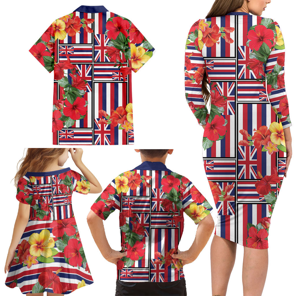 Hawaii Hibiscus Lei Family Matching Long Sleeve Bodycon Dress and Hawaiian Shirt Hawaiian Flag Motif