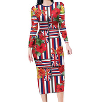 Hawaii Hibiscus Lei Family Matching Long Sleeve Bodycon Dress and Hawaiian Shirt Hawaiian Flag Motif