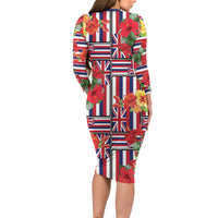 Hawaii Hibiscus Lei Family Matching Long Sleeve Bodycon Dress and Hawaiian Shirt Hawaiian Flag Motif