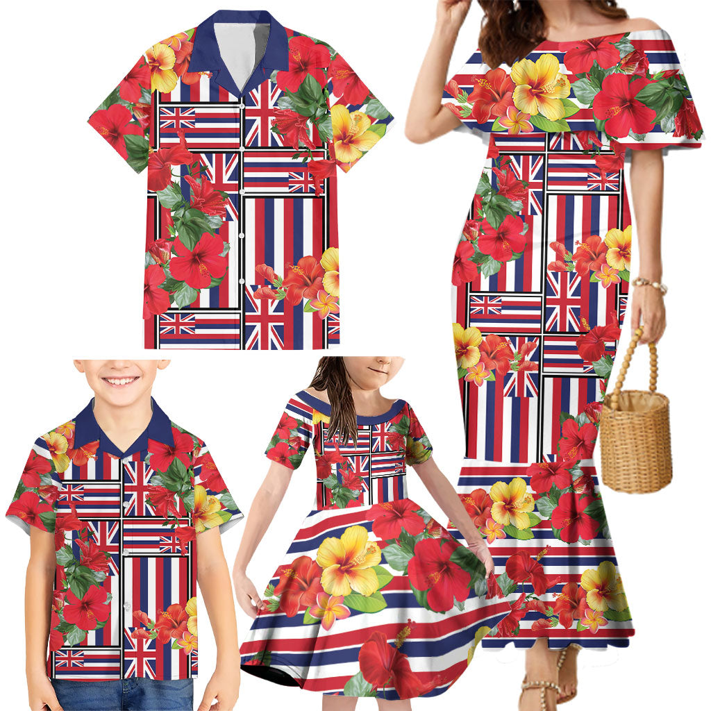 Hawaii Hibiscus Lei Family Matching Mermaid Dress and Hawaiian Shirt Hawaiian Flag Motif