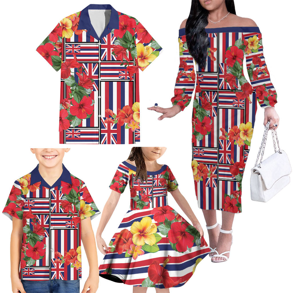 Hawaii Hibiscus Lei Family Matching Off The Shoulder Long Sleeve Dress and Hawaiian Shirt Hawaiian Flag Motif