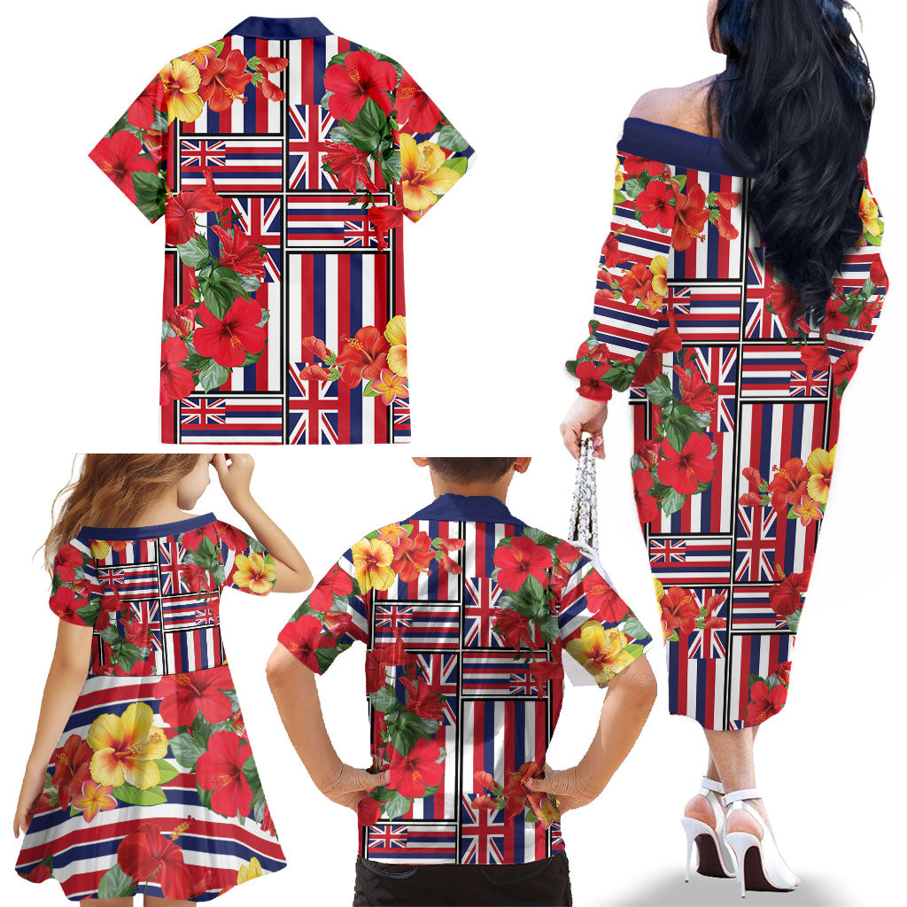 Hawaii Hibiscus Lei Family Matching Off The Shoulder Long Sleeve Dress and Hawaiian Shirt Hawaiian Flag Motif